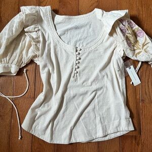 Anthropologie Cream Puff Sleeve Blouse with Floral Detail